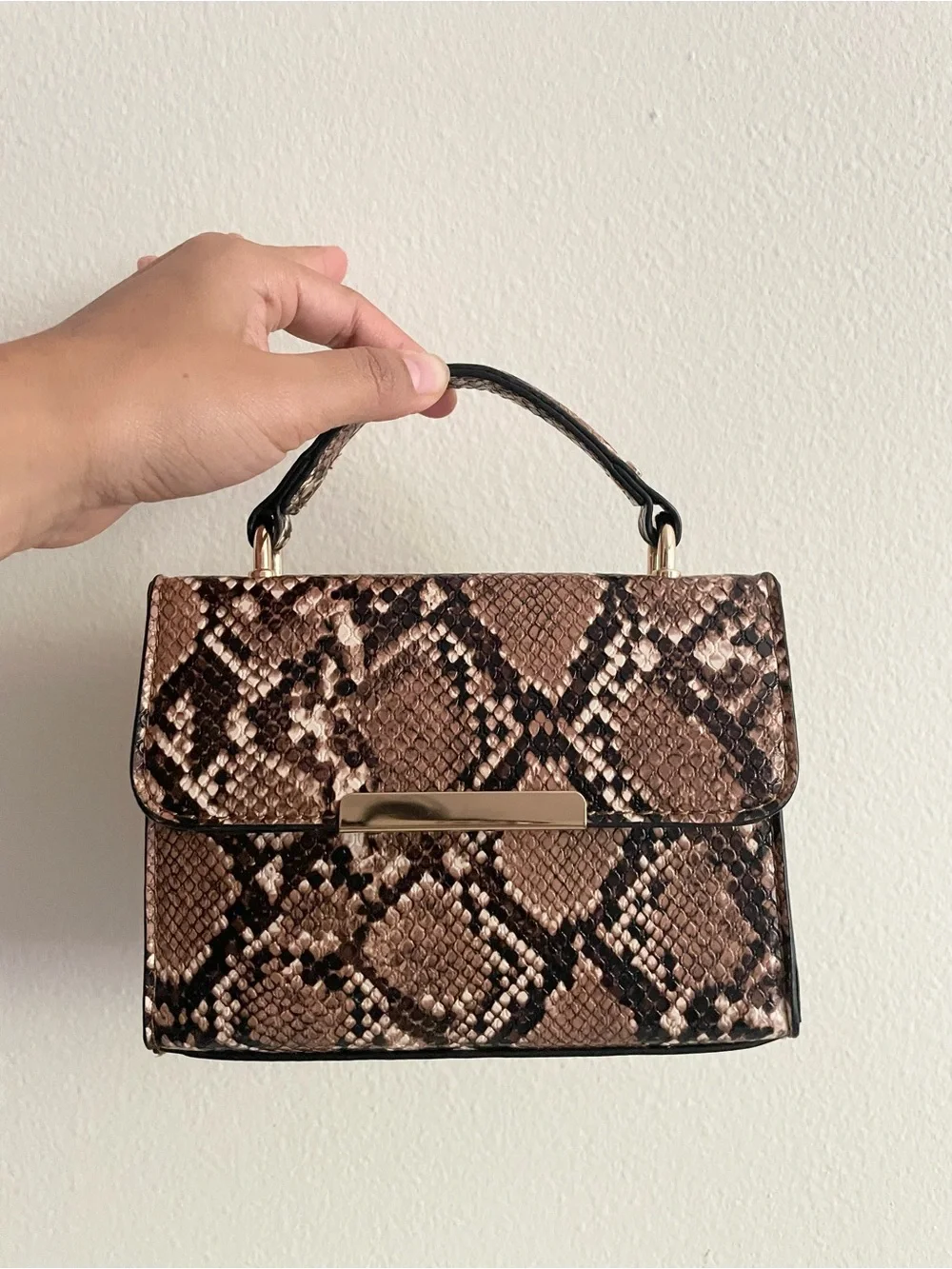 Brown Snake-Print Top Handle Bag